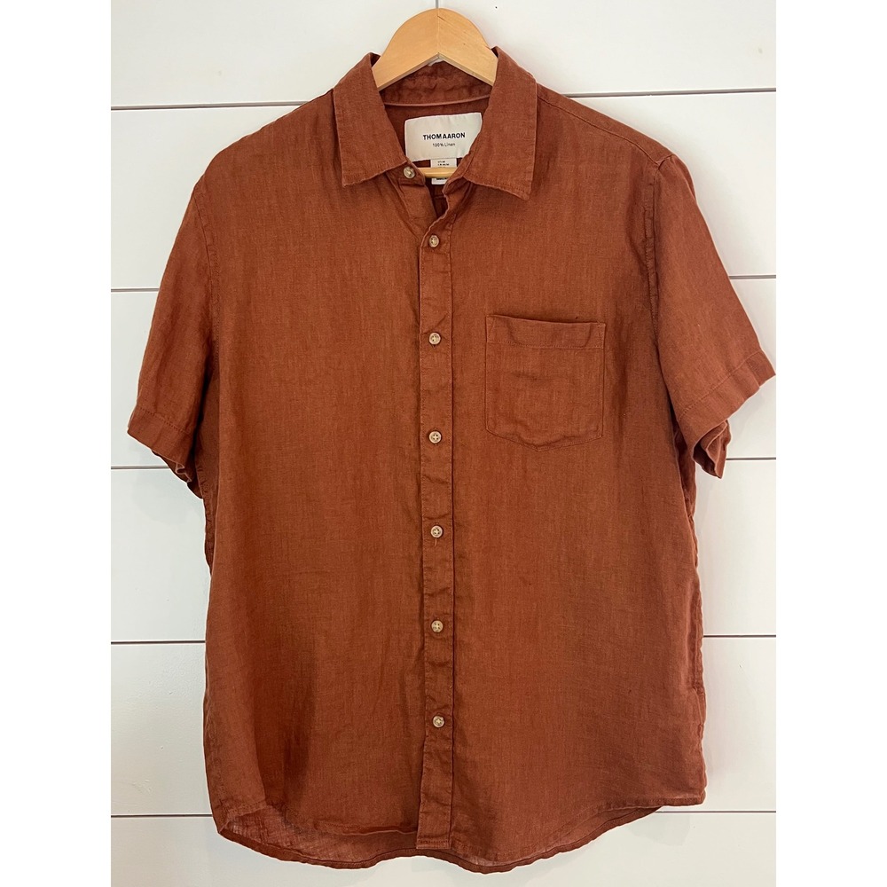 Thom Aaron Mens Medium Rust Brown 100% Linen Short Sleeve Button Down Shirt